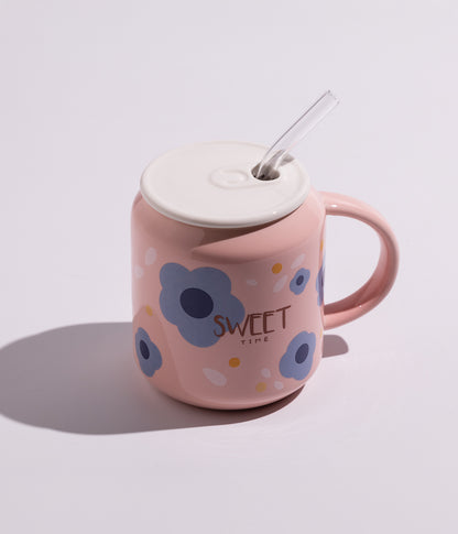 كوب قهوة سيراميك بتصميم ورود ملونة مع غطاء محكم الإغلاق ومزاز لون وردي