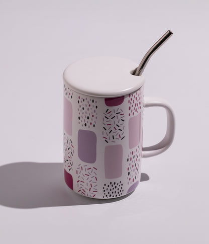 كوب قهوة سيراميك بتصميم أنيق مع رسومات مزخرفة وغطاء ومزاز لسهولة الشرب برسومات وردية