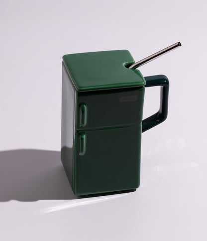 كوب قهوة سيراميك بتصميم ثلاجة مع غطاء وملعقة لون أخضر