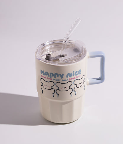 كوب قهوة سيراميك بتصميم مرح مع غطاء ومزاز برسوم سوداء