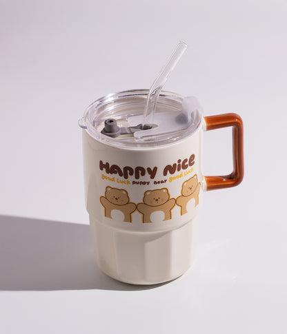 كوب قهوة سيراميك بتصميم مرح مع غطاء ومزاز برسوم صفراء