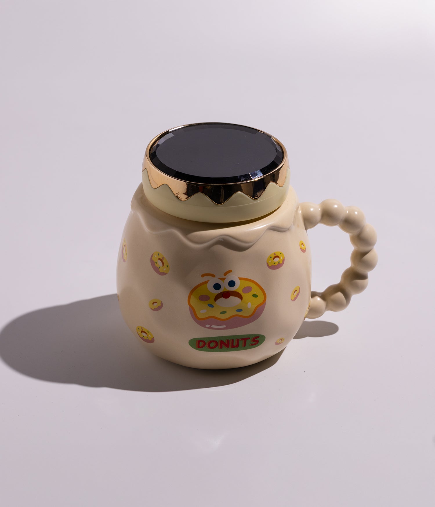 كوب قهوة سيراميك برسومات مأكولات مرحة بنقشة دونتس مع غطاء لحفظ المشروبات