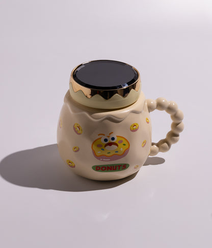 كوب قهوة سيراميك برسومات مأكولات مرحة بنقشة دونتس مع غطاء لحفظ المشروبات