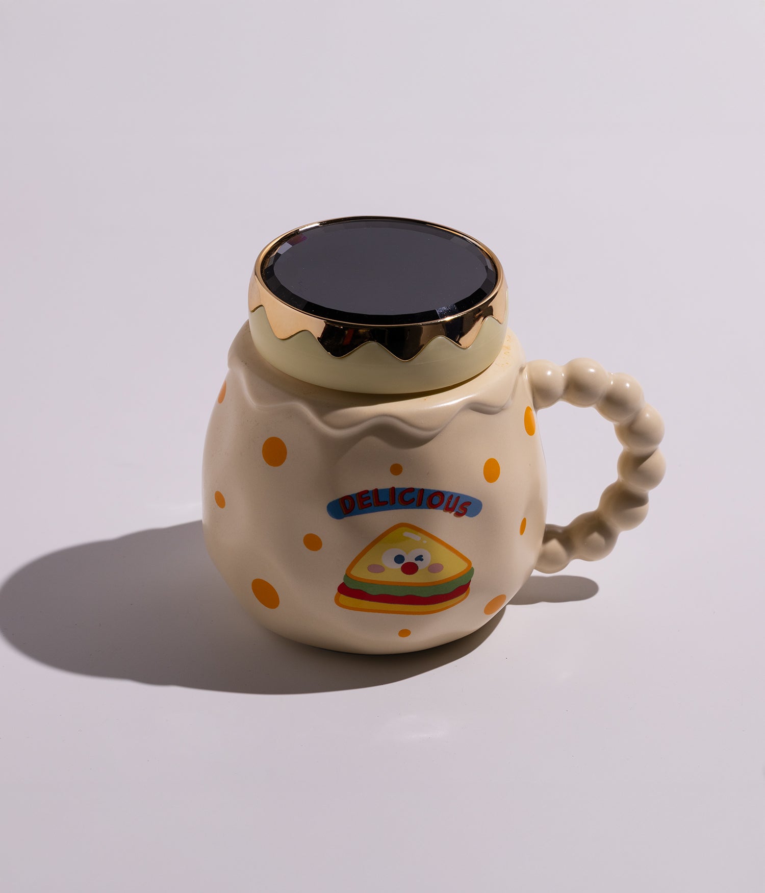 كوب قهوة سيراميك برسومات مأكولات مرحة بنقشة سندويتش مع غطاء لحفظ المشروبات