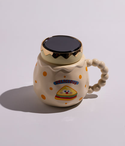 كوب قهوة سيراميك برسومات مأكولات مرحة بنقشة سندويتش مع غطاء لحفظ المشروبات