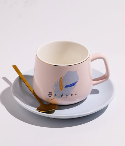 فنجان قهوة وردي سيراميك بعبارات تحفيزية صباحية مع صحن وملعقة