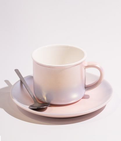 فنجان قهوة سيراميك بتدرج لوني وردي وأزرق مع صحن وملعقة