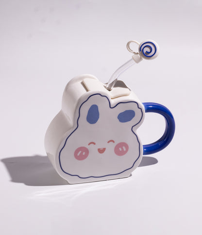 كوب قهوة سيراميك بتصميم وجه الأرنب مع مزاز لسهولة الشرب لون أزرق