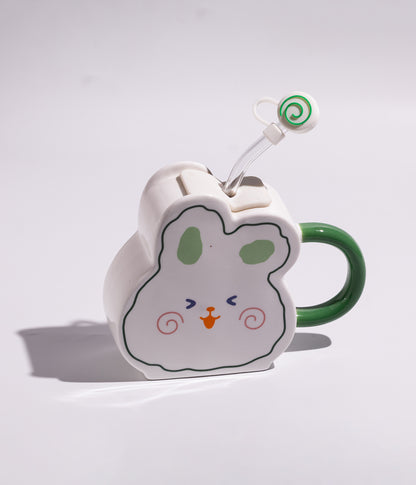 كوب قهوة سيراميك بتصميم وجه الأرنب مع مزاز لسهولة الشرب لون أخضر