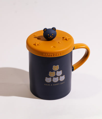 كوب قهوة سيراميك برسمة وجه الدب مع وغطاء بمجسم رأس الدب