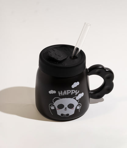 كوب قهوة سيراميك بتصميم باندا لطيف مع غطاء عملي ومزاز