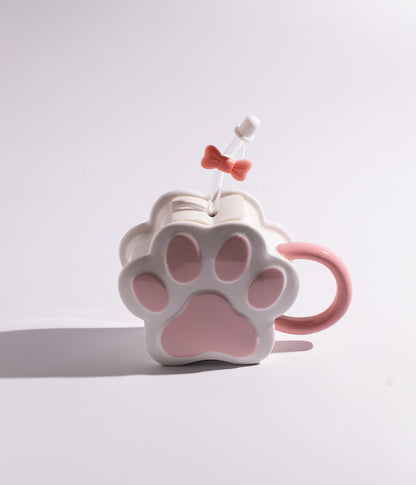 كوب قهوة سيراميك بتصميم بصمة قطة مع مزاز وميدالية