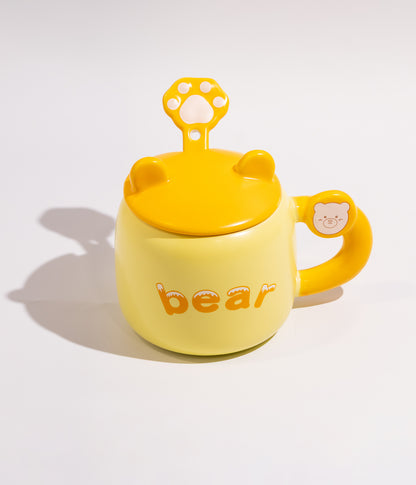 كوب قهوة سيراميك بعبارة دب مع غطاء وملعقة