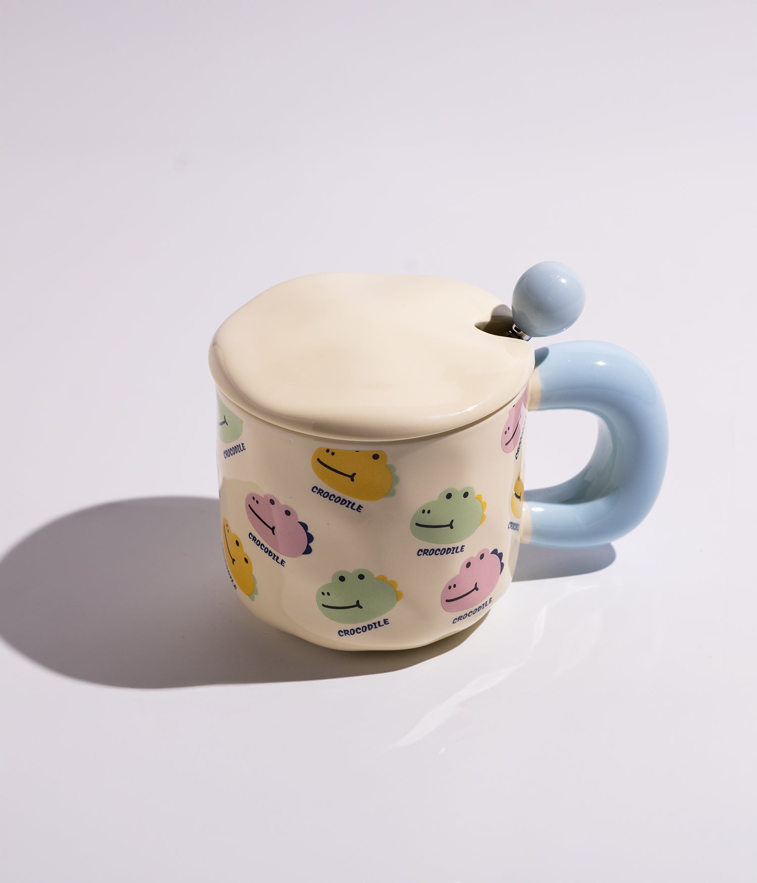 كوب سيراميك برسوم حيوانات لطيفة وغطاء مع ملعقة