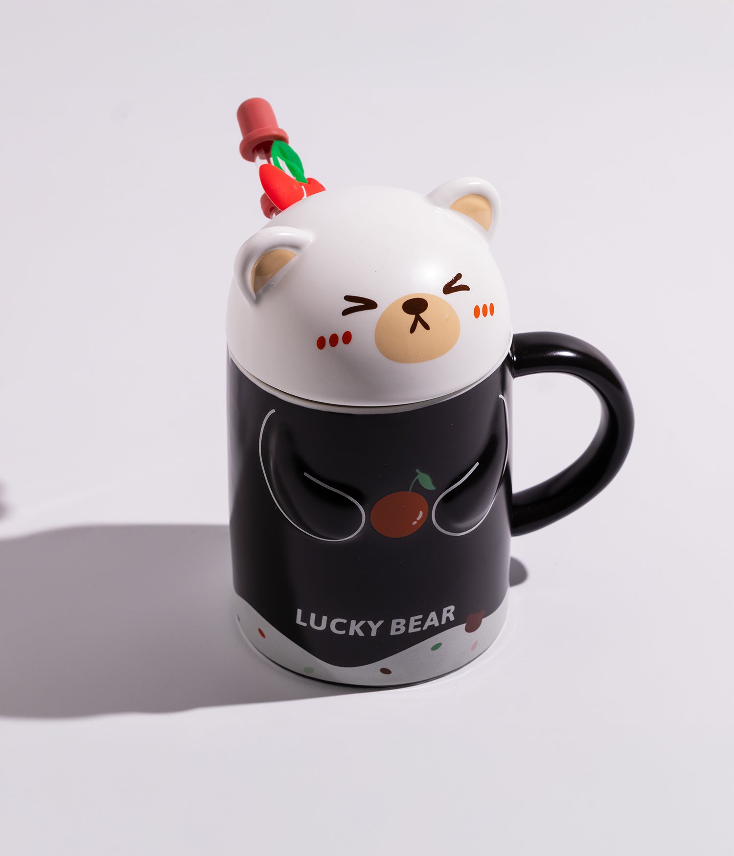 كوب سيراميك بتصميم دب بمشاعر مختلفة على الغطاء مع مزاز لون أسود