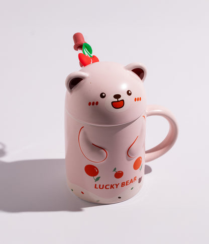 كوب سيراميك بتصميم دب بمشاعر مختلفة على الغطاء مع مزاز لون وردي