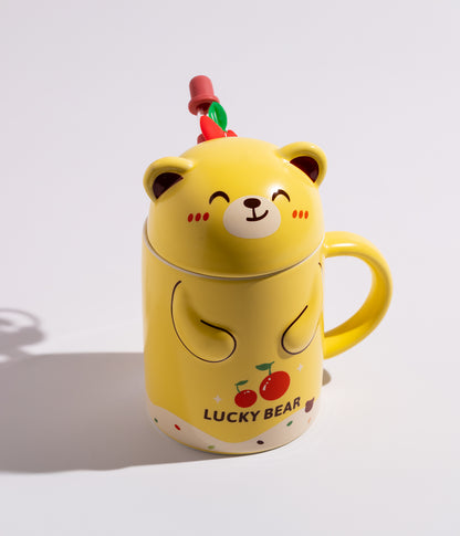 كوب سيراميك بتصميم دب بمشاعر مختلفة على الغطاء مع مزاز لون أصفر