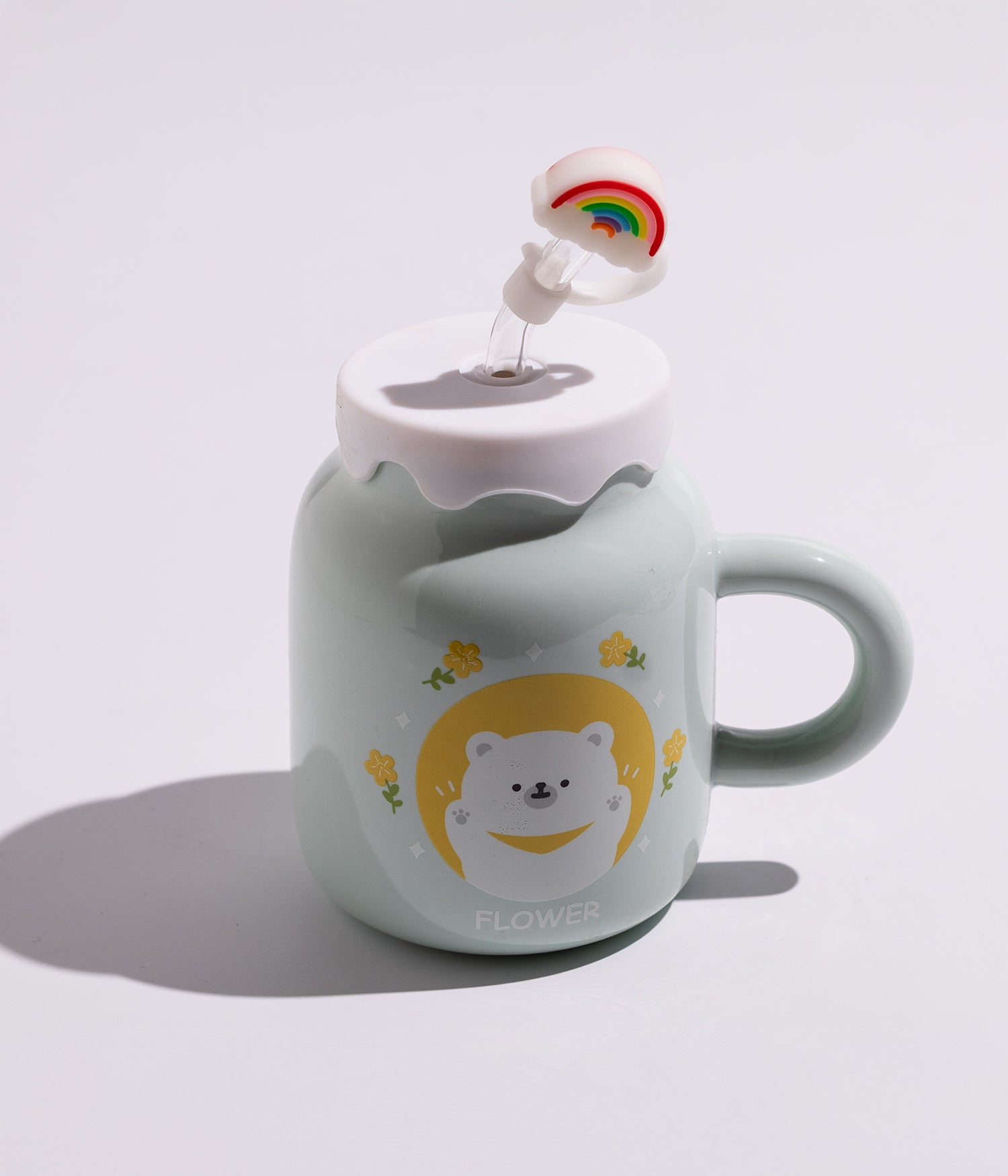 كوب سيراميك بتصميم دباديب مختلفة مع غطاء ومزاز لون أخضر