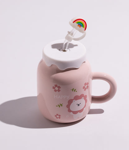 كوب سيراميك بتصميم دباديب مختلفة مع غطاء ومزاز لون وردي