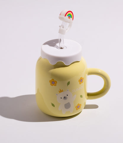 كوب سيراميك بتصميم دباديب مختلفة مع غطاء ومزاز لون أصفر