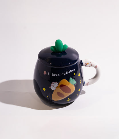 كوب سيراميك بتصميم الجزرة والأرنب مع غطاء لحفظ الحرارة وملعقة لون أسود