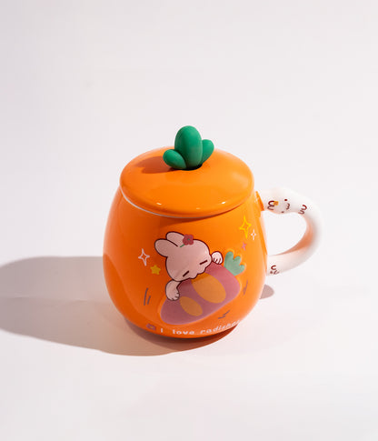 كوب سيراميك بتصميم الجزرة والأرنب مع غطاء لحفظ الحرارة وملعقة لون برتقالي