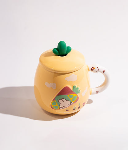 كوب سيراميك بتصميم الجزرة والأرنب مع غطاء لحفظ الحرارة وملعقة لون أصفر