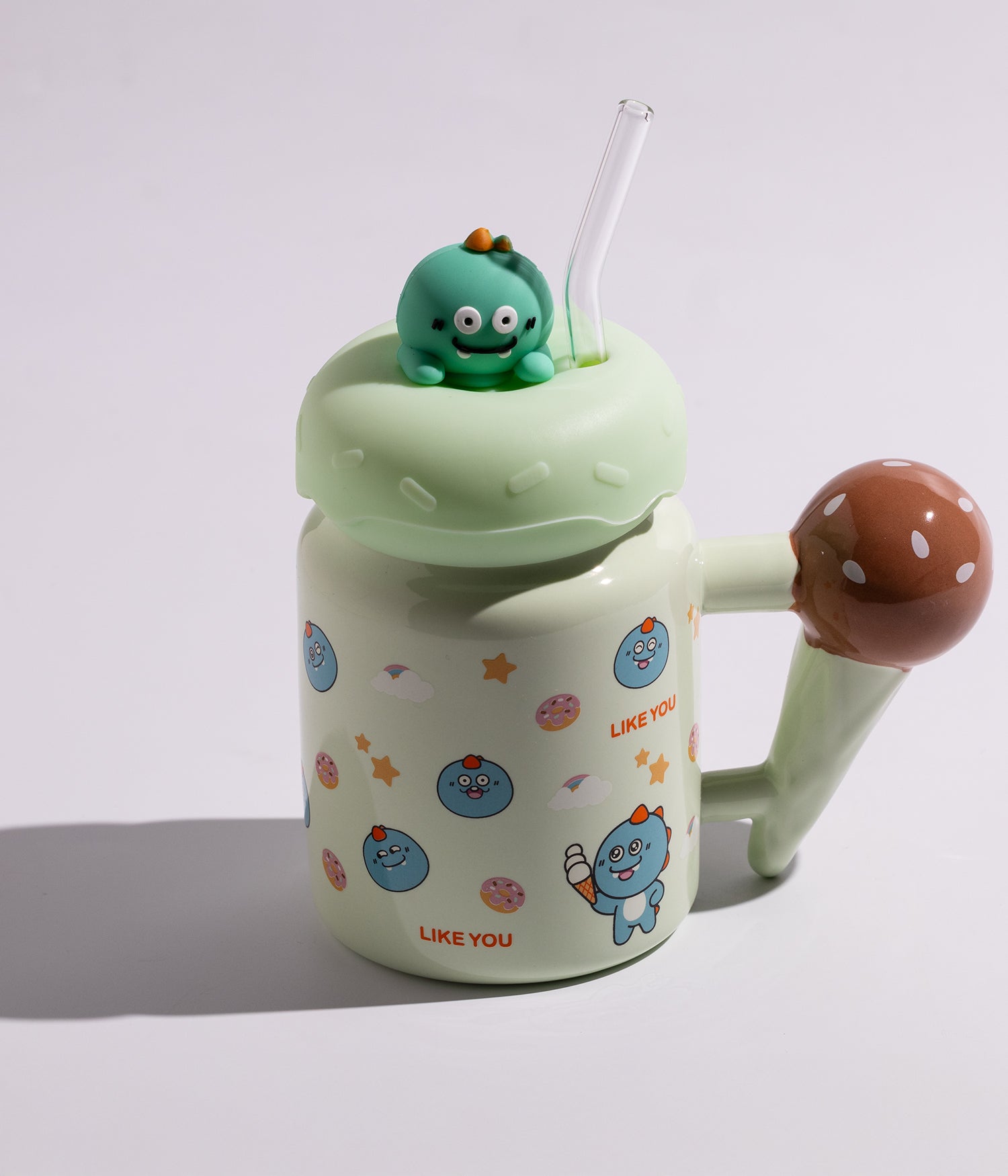 كوب سيراميك بتصميم حيوانات لطيفة مع غطاء على شكل ديناصور ومزاز لون أزرق