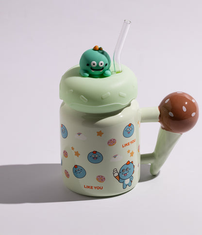 كوب سيراميك بتصميم حيوانات لطيفة مع غطاء على شكل ديناصور ومزاز لون أزرق