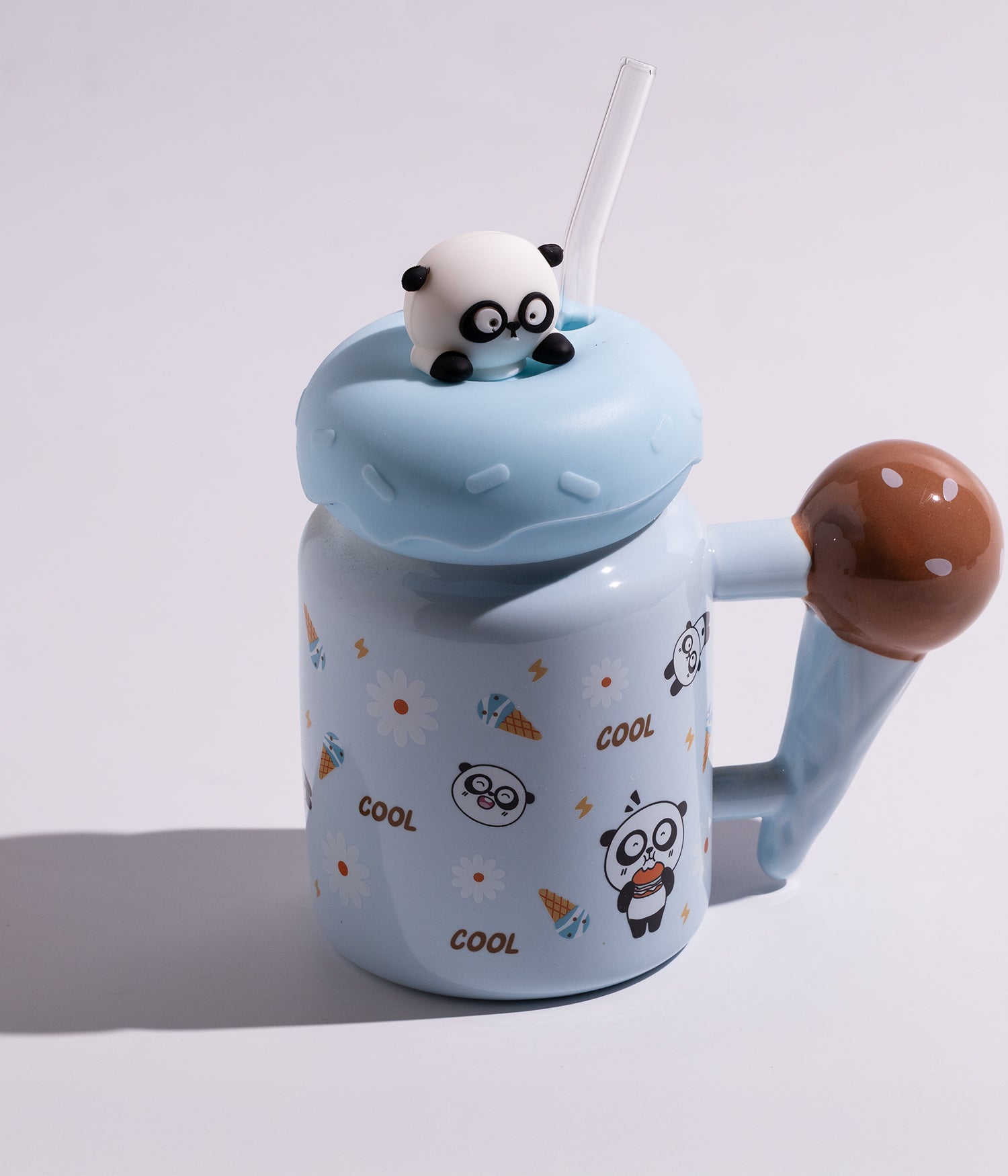 كوب سيراميك بتصميم حيوانات لطيفة مع غطاء على شكل باندا ومزاز لون أزرق