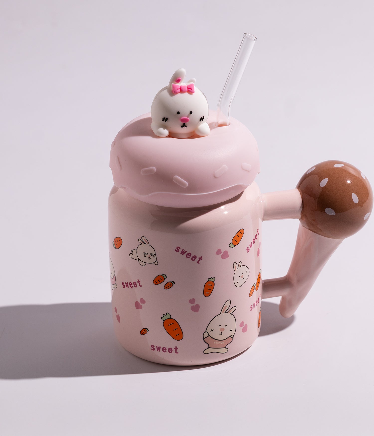 كوب سيراميك بتصميم حيوانات لطيفة مع غطاء على شكل أرنب ومزاز لون وردي