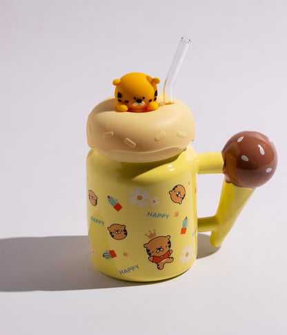 كوب سيراميك بتصميم حيوانات لطيفة مع غطاء على شكل نمر ومزاز لون أصفر