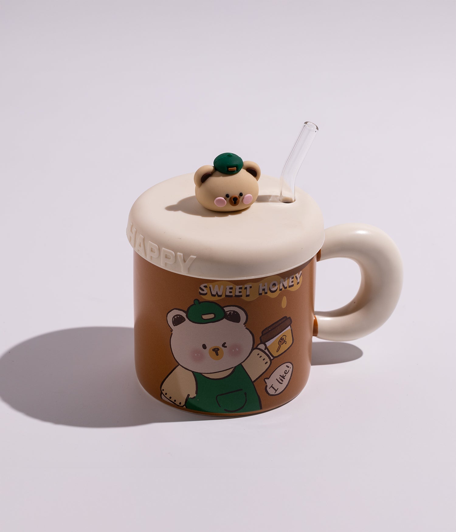 كوب سيراميك برسومات دباديب مرحة مع غطاء على شكل دب كيوت ومزاز لون بني بغطاء أبيض