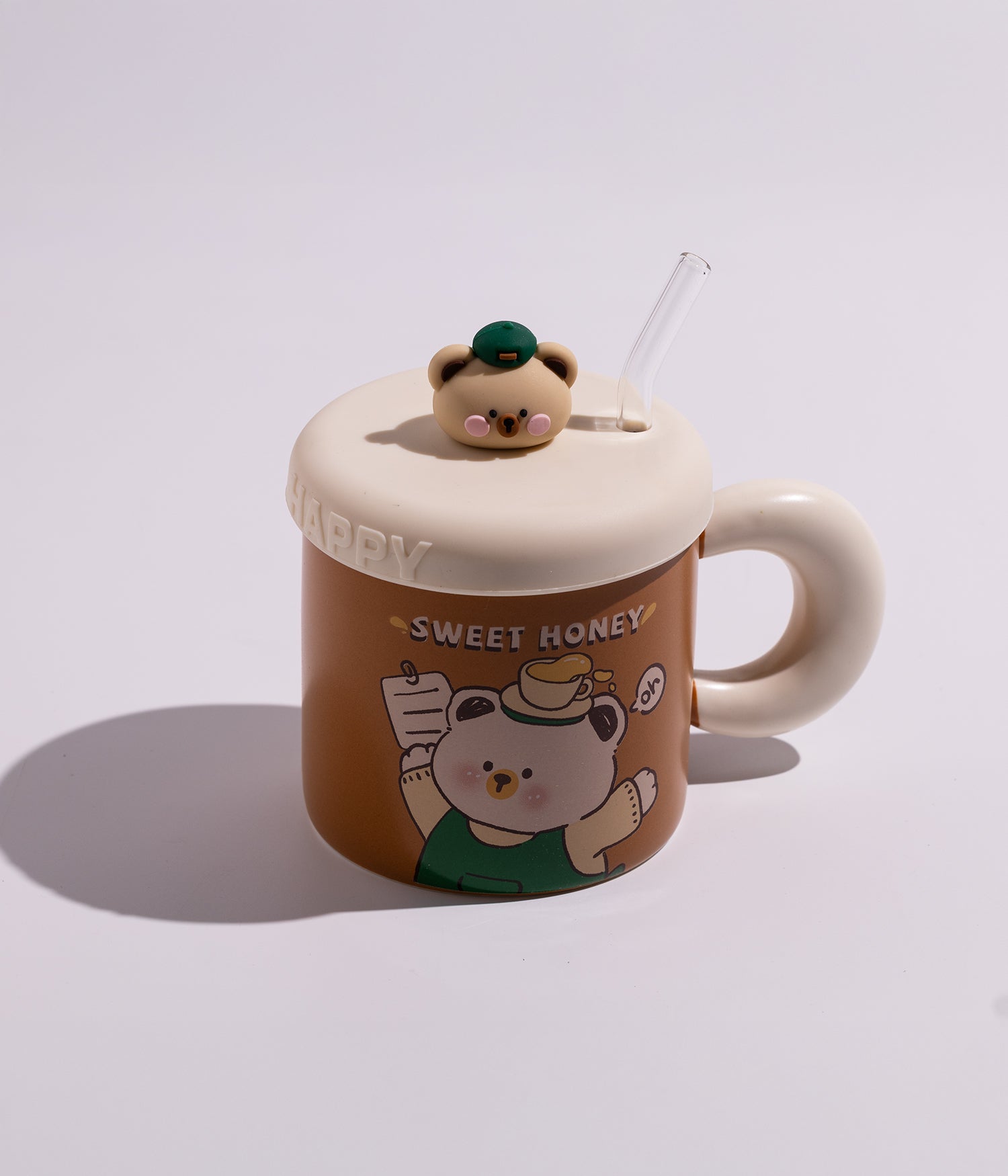 كوب سيراميك برسومات دباديب مرحة مع غطاء على شكل دب كيوت ومزاز لون بني بغطاء أبيض
