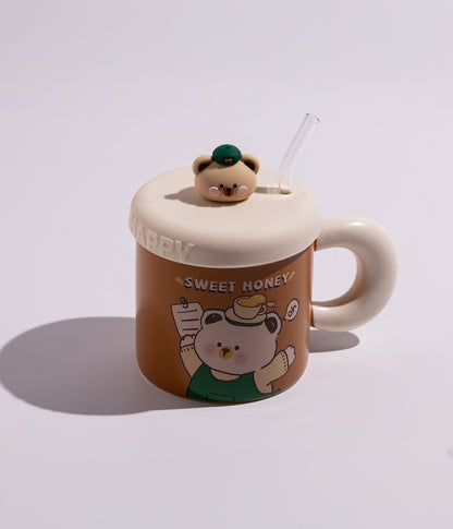 كوب سيراميك برسومات دباديب مرحة مع غطاء على شكل دب كيوت ومزاز لون بني بغطاء أبيض