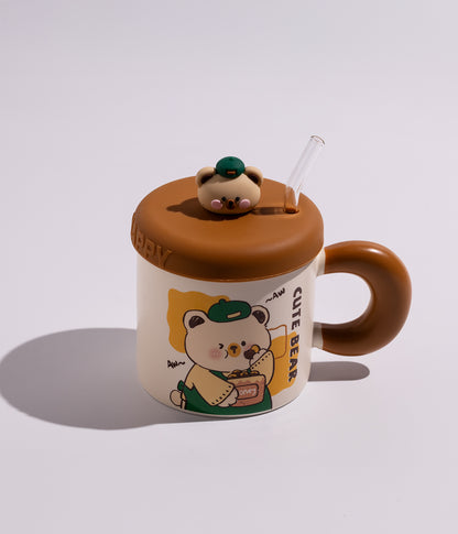 كوب سيراميك برسومات دباديب مرحة مع غطاء على شكل دب كيوت ومزاز لون أبيض بغطاء بني