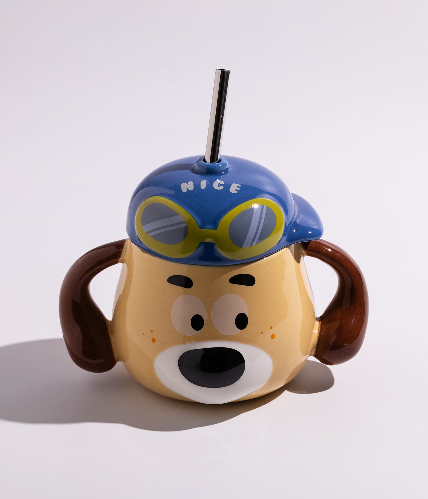 كوب سيراميك بتصميم رأس كلب لطيف مع غطاء أزرق ومزاز لون أصفر