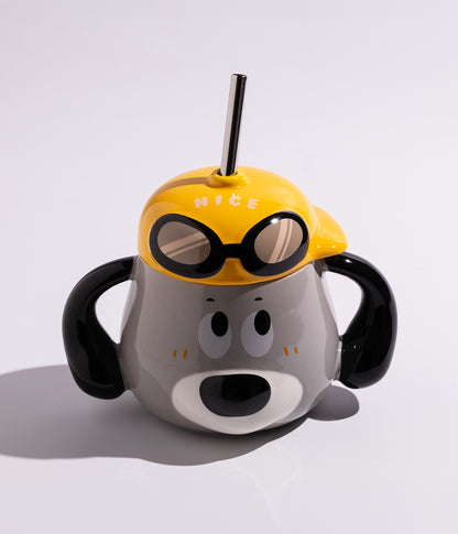 كوب سيراميك بتصميم رأس كلب لطيف مع غطاء أصفر ومزاز لون رمادي