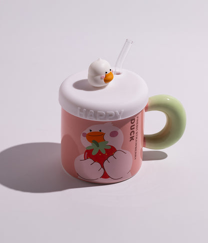 كوب سيراميك بتصميم بطوط وقطع فواكه مع غطاء على شكل بطوط ومزاز لون وردي بغطاء أبيض