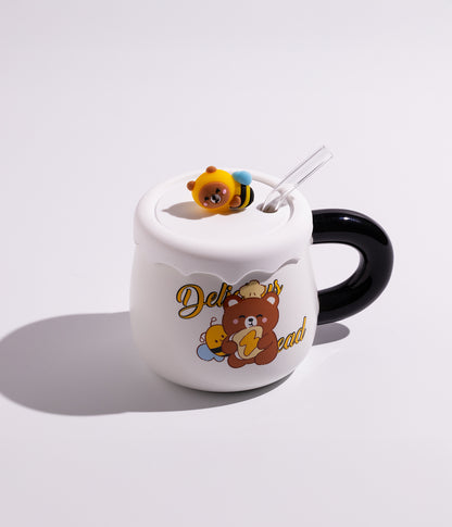 كوب سيراميك بتصميم حيوانات الغابة مع غطاء على شكل نحلة ومزاز لسهولة الشرب