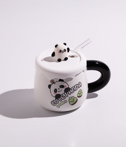 كوب سيراميك بتصميم حيوانات الغابة مع غطاء على شكل باندا ومزاز لسهولة الشرب