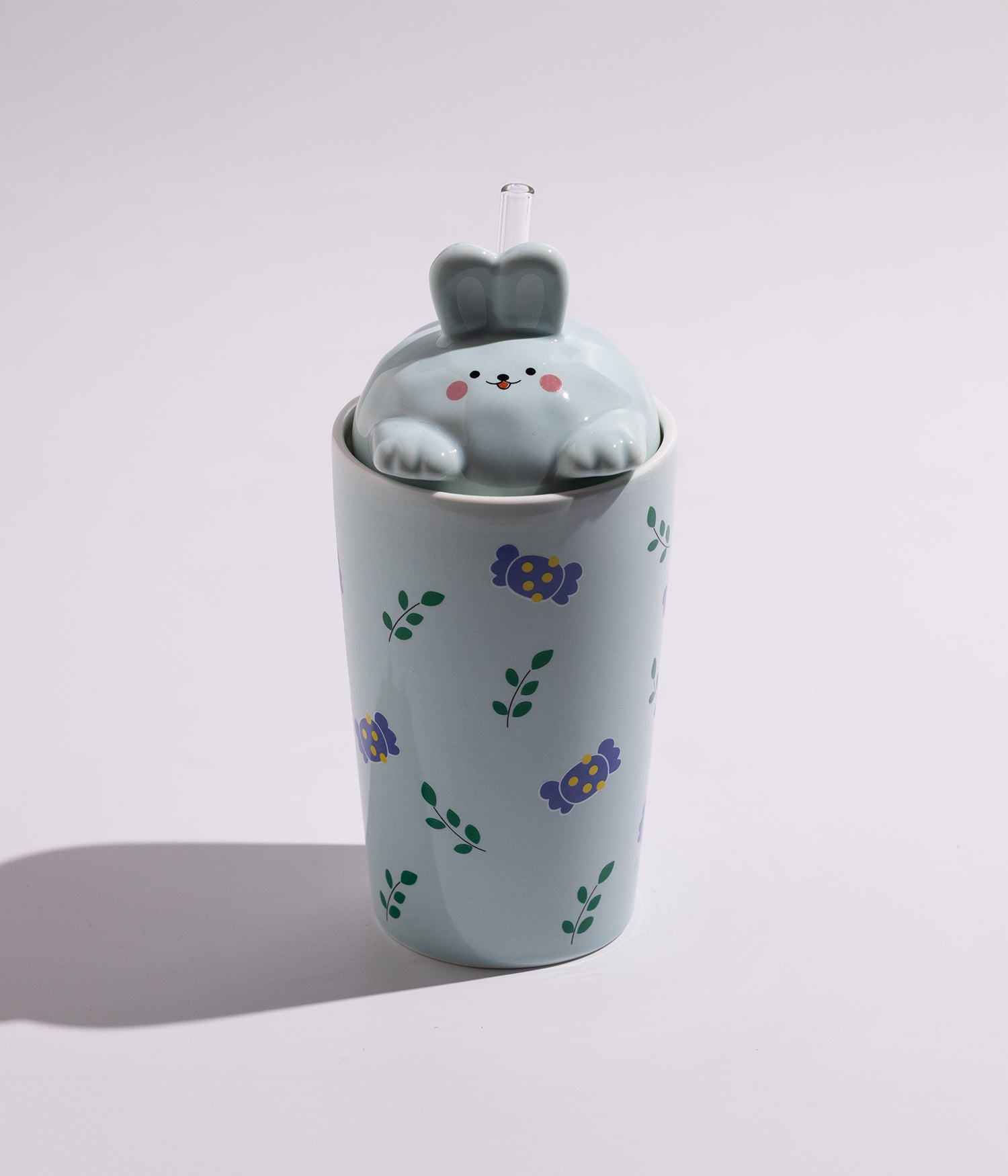 كوب سيراميك بتصميم فواكه مع غطاء مجسم أرنب ومزاز لون أزرق