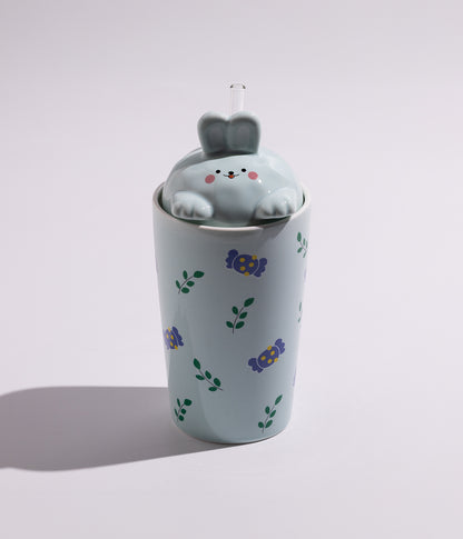 كوب سيراميك بتصميم فواكه مع غطاء مجسم أرنب ومزاز لون أزرق