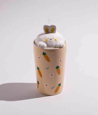 كوب سيراميك بتصميم فواكه مع غطاء مجسم أرنب ومزاز لون برتقالي