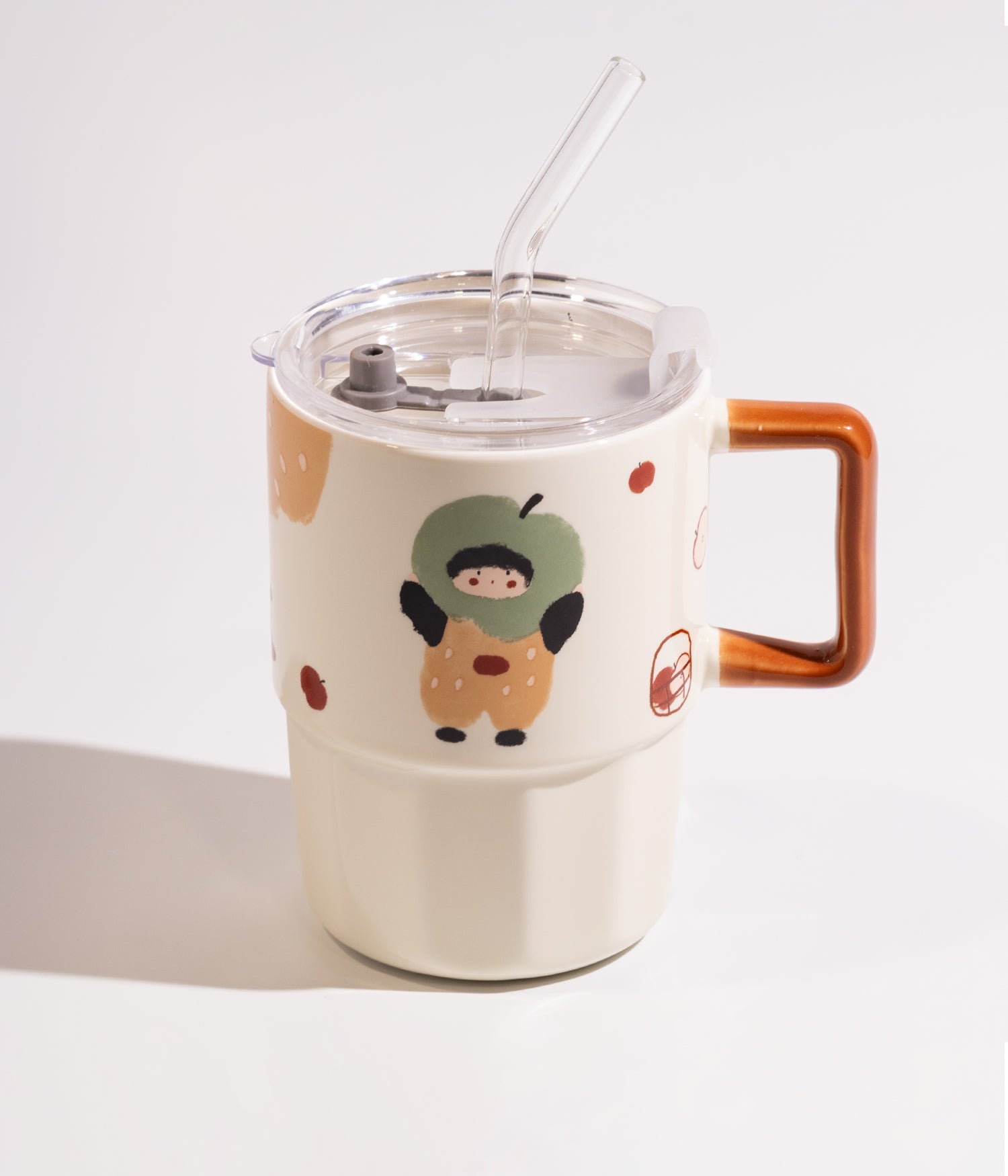 كوب سيراميك بتصميم فتاة صغيرة مع فاكهة بغطاء شفاف محكم الإغلاق ومزاز برسومات خضراء