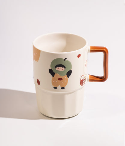 كوب سيراميك بتصميم فتاة صغيرة مع فاكهة بغطاء شفاف محكم الإغلاق ومزاز برسومات خضراء