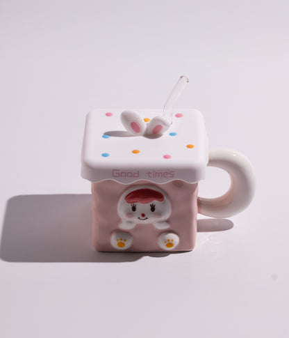 كوب سيراميك بتصميم بيت مع غطاء شوكولا وأذنين أرنب ومزاز لون وردي