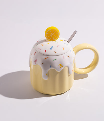 كوب سيراميك بتصميم آيس كريم مع غطاء وملعقة لون أصفر