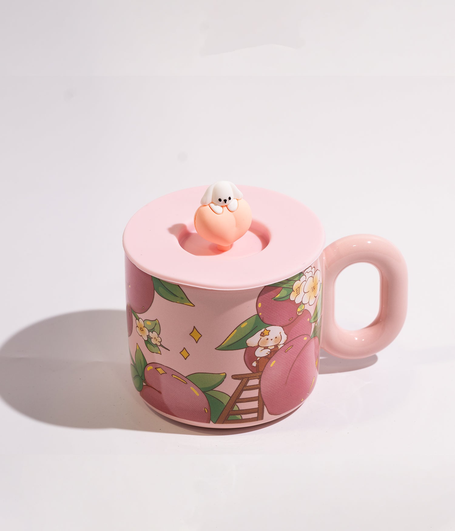 كوب سيراميك بتصميم دراق مع غطاء لحفظ الحرارة لون وردي