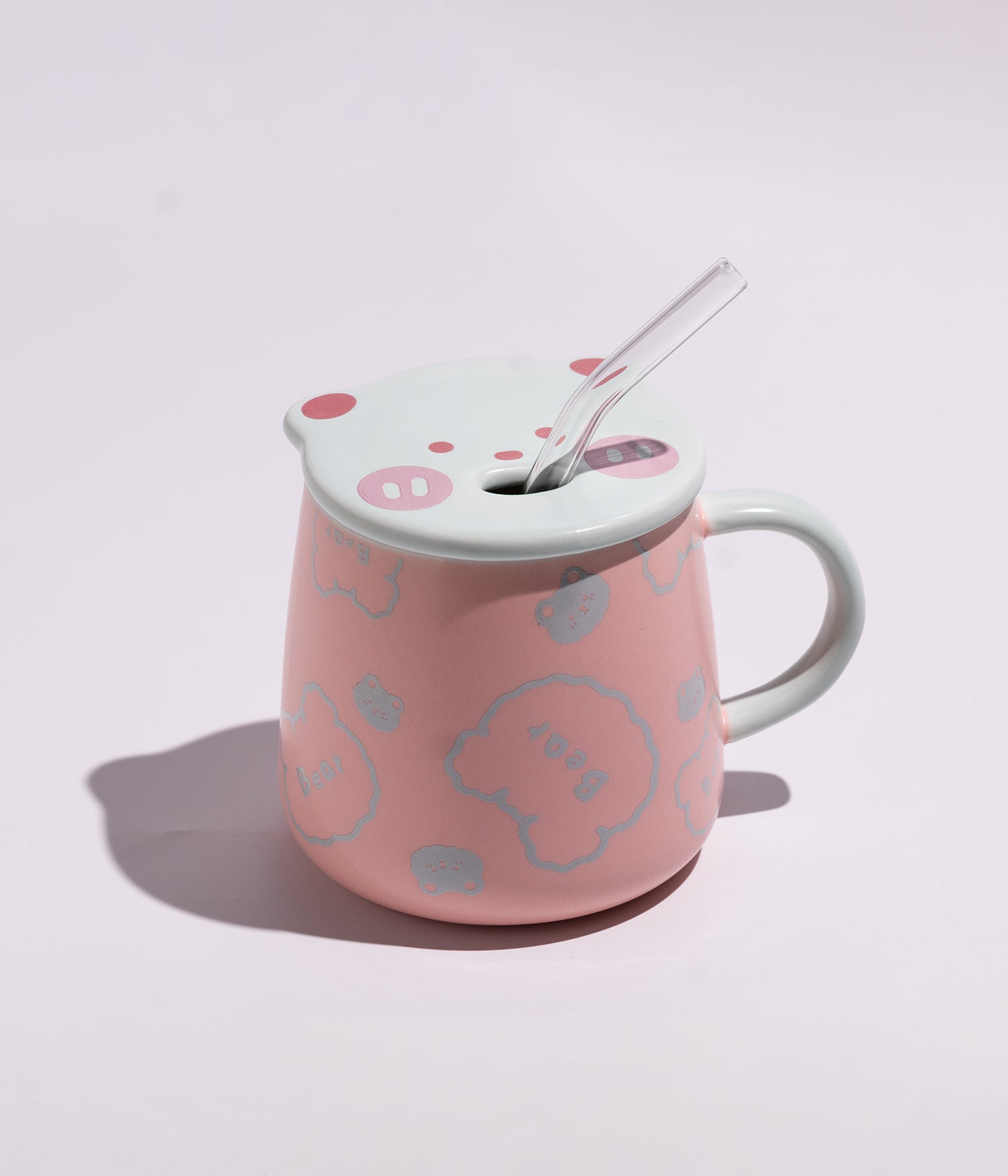 كوب سيراميك بتصميم دببة مرحة مع غطاء أزرق ومزاز لسهولة الشرب لون وردي